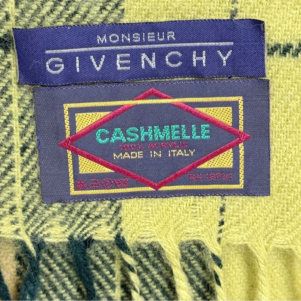 Givenchy Green Black Plaid Cashmere Blend Scarf 50”